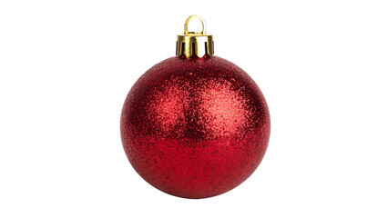 A single bright red glitter christmas ornament ball with a gold cap and loop hangs ,isolated on transparent background