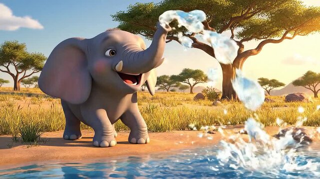 Baby elephant playfully spraying water with its trunk in joyful and expressive 3D cartoon animation