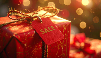 Red Gift Box with sale Tag Amidst Festive Bokeh Lights