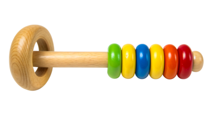 Wooden baby rattle toy with colorful smooth beads and ring for early childhood development and sensory play isolated on transparent background