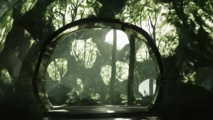Futuristic forest dome structure illuminated by sunlight with trees