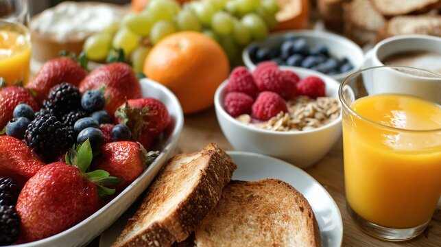 Breakfast spread with fruits, bread, and drinks on a wooden table in the morning