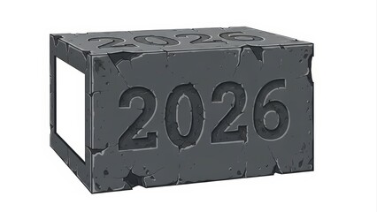 2026 Year Engraved on a Dark Gray Stone Block Isolated on White Background.