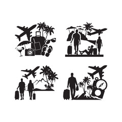 Black Color Vacation Journey Travel Lifestyle Silhouette Vector Illustration, Solid White Background.