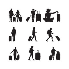 Black Color Vacation Journey Travel Lifestyle Silhouette Vector Illustration, Solid White Background.