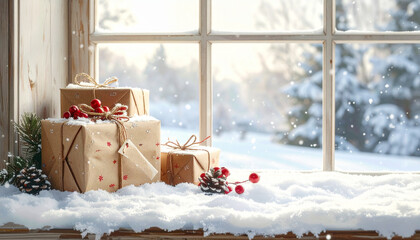 Winter Window Snow Christmas Gifts Pinecone Berries
