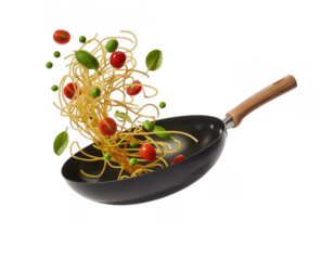 Spaghetti with vegetables in a pan isolated on a transparent background