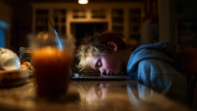 A tired child rests his head on a laptop, capturing the essence of fatigue and the impact of prolonged screen time in a warm, cozy kitchen environment during evening hours.