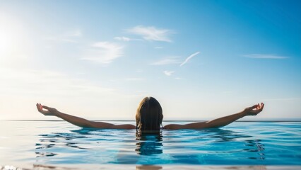 Woman Enjoying Serene Moment in Infinity Pool Under Vast Blue Sky.