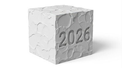 Textured white cube with the year 2026 embossed on one side, symbolizing future and time.