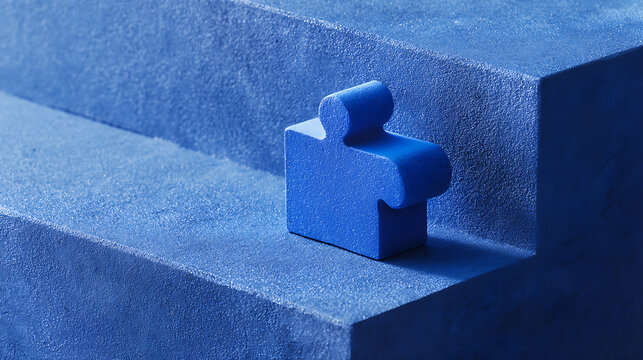 Single blue jigsaw puzzle piece standing on blue steps representing business strategy solution and missing element concept