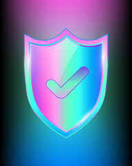 Check mark, Rainbow shield Realistic shiny trophy with tick icon protection emblem, Approved Label shiny royal award. vector design illustration on gradient background