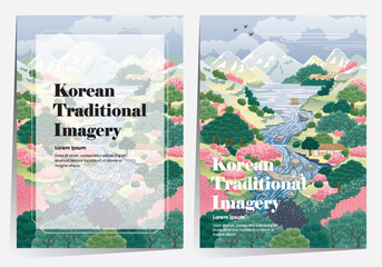 Beautiful Traditional Korean Art Landscape Template Set Vector Illustration, KoreanArt Style