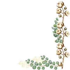 Watercolor cotton and green eucalyptus corner composition with golden line art cotton branches