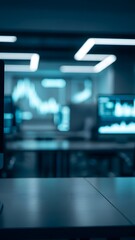 Futuristic office space with glowing neon lights and blurred screens