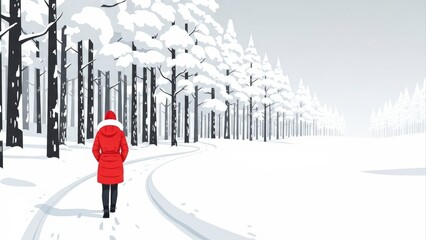 Person in Red Coat Walking Through Snowy Forest Path.