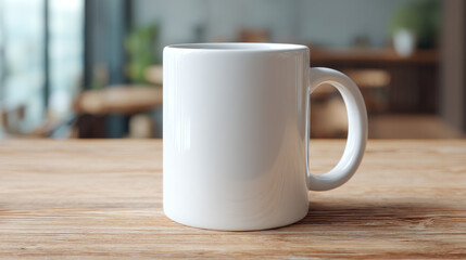 Fototapeta premium A plain white mug sits on a wooden table, set against a softly blurred background, suggesting a cozy environment.