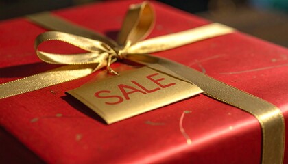Festive Red Gift Box with Golden Ribbon and sale Tag for Promotions