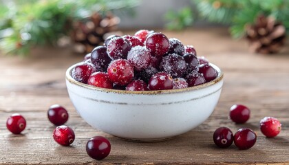 Festive Sugared Candied Cranberries Overflowing in Rustic Ceramic Bowl on Wooden Table