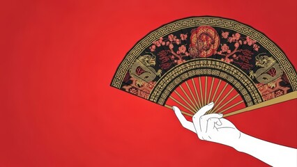 Elegant Hand Holding Ornate Oriental Fan on Red Background.
