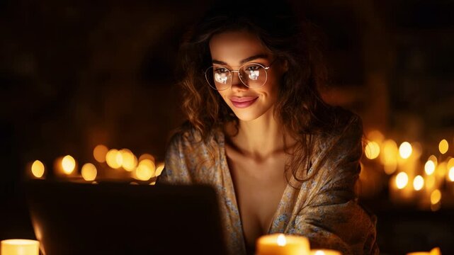 A Serene Evening Glow: A Woman with Glasses Smiles at Her Laptop Surrounded by Flickering Candlelight, Creating a Warm and Inviting Atmosphere for Creativity and Inspiration.