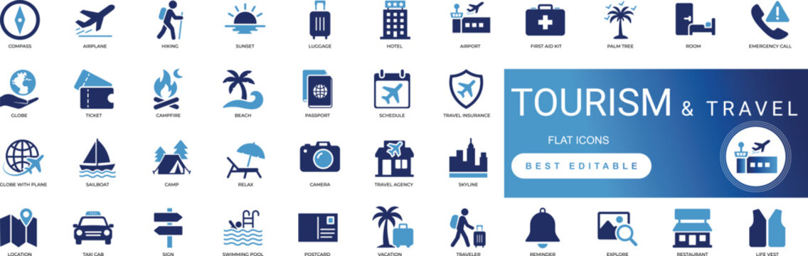 Modern tourism adventure solid icon set featuring mountain camping trip, beach holiday vacation, travel passport ticket, and hotel booking editable vector icons.