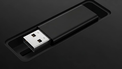 Sleek Black USB Flash Drive in a Dark Recess.