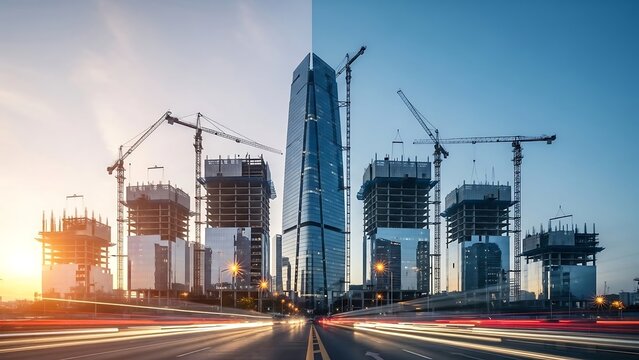 Cityscape with skyscrapers under construction at sunset.