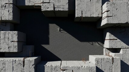 Abstract 3D render of rough concrete blocks forming a frame with dark empty space.