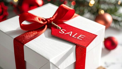 White Gift Box with Red Ribbon and sale Tag for Holiday Shopping