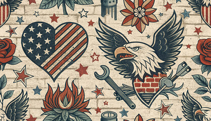 Old school tattoo flash art pattern with eagle and stars