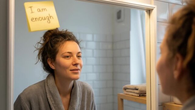 Ancestral approach to health and self acceptance as woman smiles mirror reflection with confidence and sticky note positive affirmation bathroom