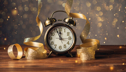 Vintage Alarm Clock Near Midnight with Golden Ribbons and Sparkling Bokeh Creating a Festive New Year’s Eve Celebration Mood