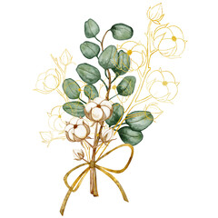Watercolor cotton and eucalyptus bouquet with golden line art cotton branches and gold bow © Aurella Art