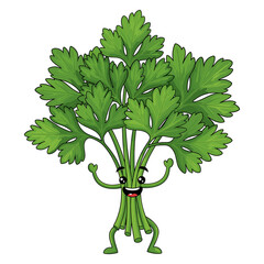 Parsley Cartoon Illustration &ndash; Cute Green Herb Character Mascot Standing Isolated on White Background