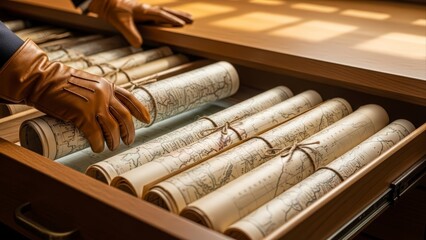 Close-up of hands in gloves carefully selecting an old rolled map from a wooden drawer filled with similar documents.