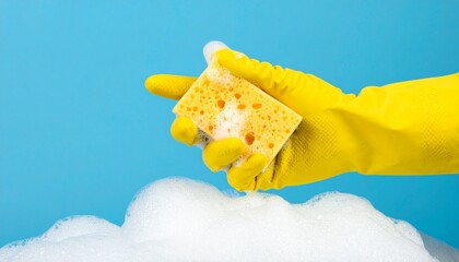 Yellow Glove Squeezing Soapy Sponge on Blue Background