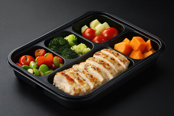 Healthy meal prep container with grilled chicken, assorted vegetables, and fresh fruits, showcasing balanced and nutritious meal. Perfect for fitness enthusiasts and meal planning