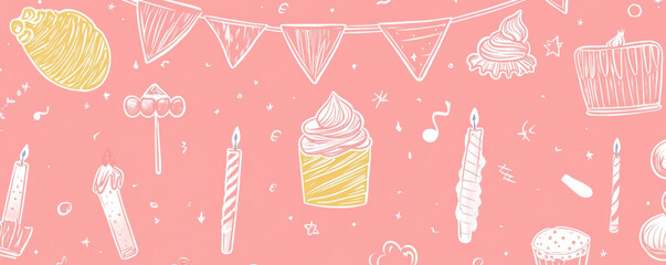 whimsical illustration featuring various birthday party elements such as cupcakes, candles, and festive decorations on pink background. This cheerful design evokes sense of celebration and joy