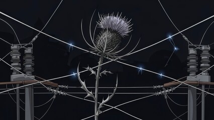 Surreal Image of a Thistle Plant Intertwined with Electrical Wires and Transformers.