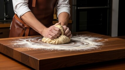 Baker Kneading Dough on Wooden Board with Flour.