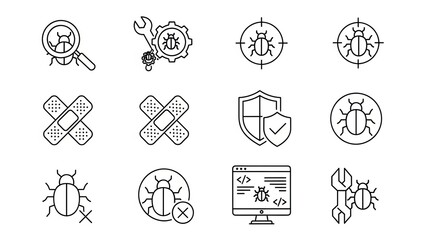 Fototapeta premium Bug Fixing Icons: Debugging, Security, Repair, Code, Software Development