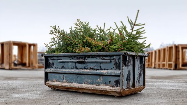A dumpster is filled with plants and has a green and brown color. The plants are in a container and are arranged in a way that they look like they are growing out of the dumpster