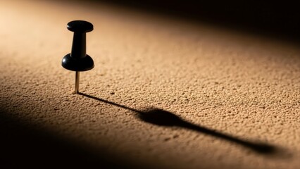 Black pushpin casting a long shadow on a textured surface under dramatic lighting.