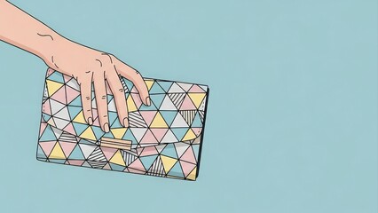 Hand Holding a Geometric Patterned Clutch Bag with Pastel Colors.