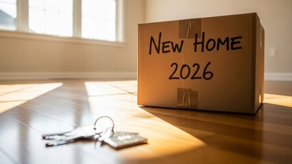 Cardboard box with New Home 2026 and house keys on a wooden floor in a sunlit room, symbolizing future homeownership and moving plans.
