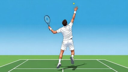 Male tennis player serving on a green court under a clear blue sky.