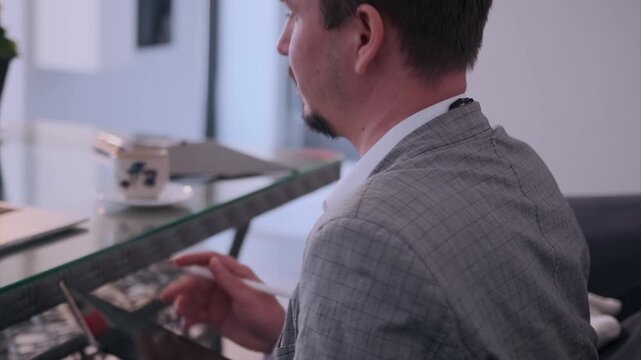 gemstone appraisal scene, appraiser examines jewelry and gemstones carefully under lights, white appraiser meticulously inspects gemstones and jewelry at boutique showroom using loupe and detailed