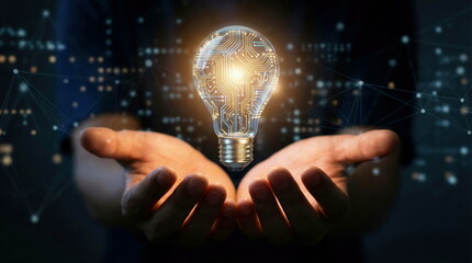 Human hands holding a glowing light bulb with a circuit board pattern, symbolizing innovation, AI, digital technology, and future business solutions.