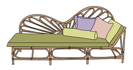 Hand drawn colored line art illustration of a vintage rattan daybed with peacock style backrest and colorful cushions in a mid century modern aesthetic. Vector isolated on transparent background